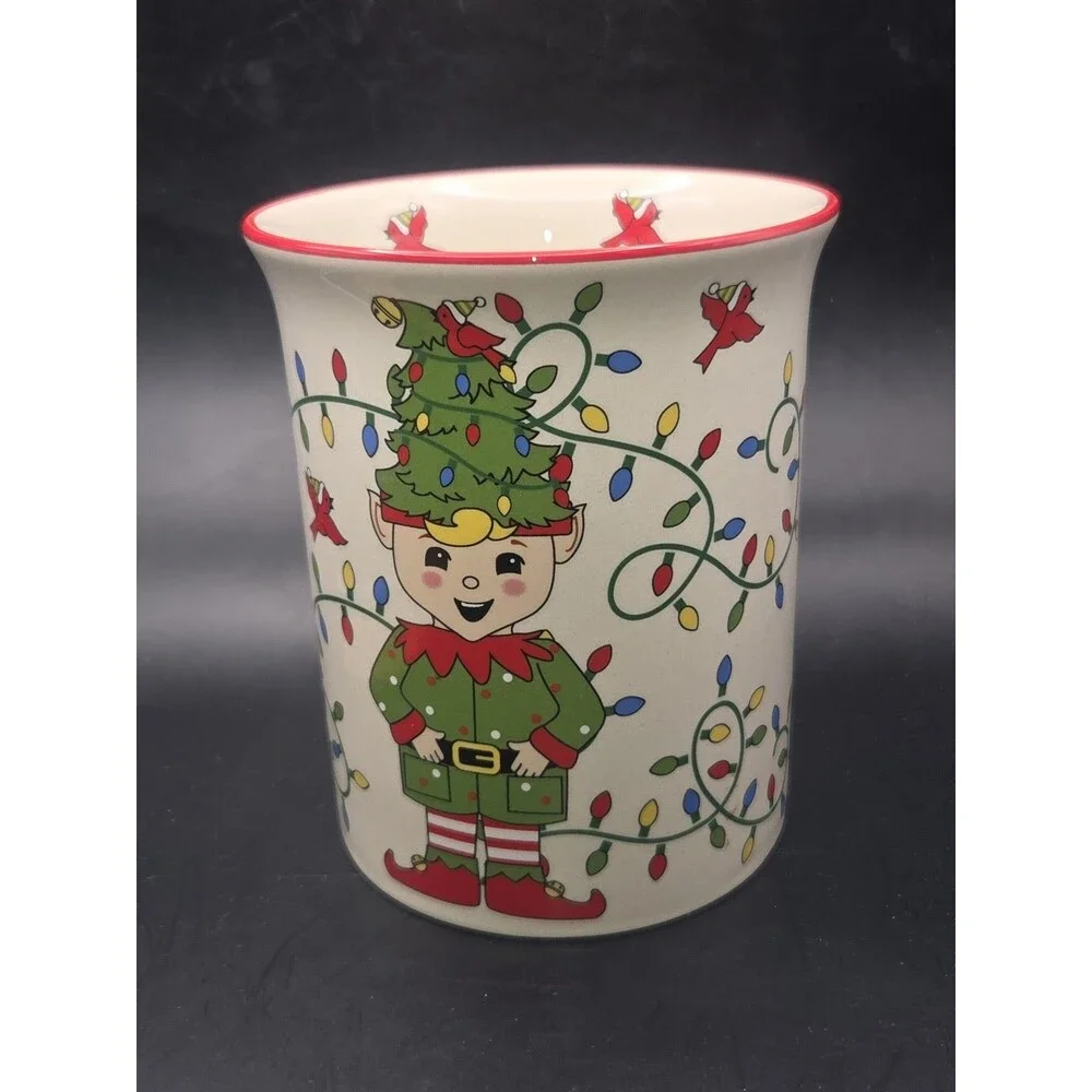 Temptations By Tara Ceramic Utensil Jar Crock Holder Elf Theme Holiday Christmas